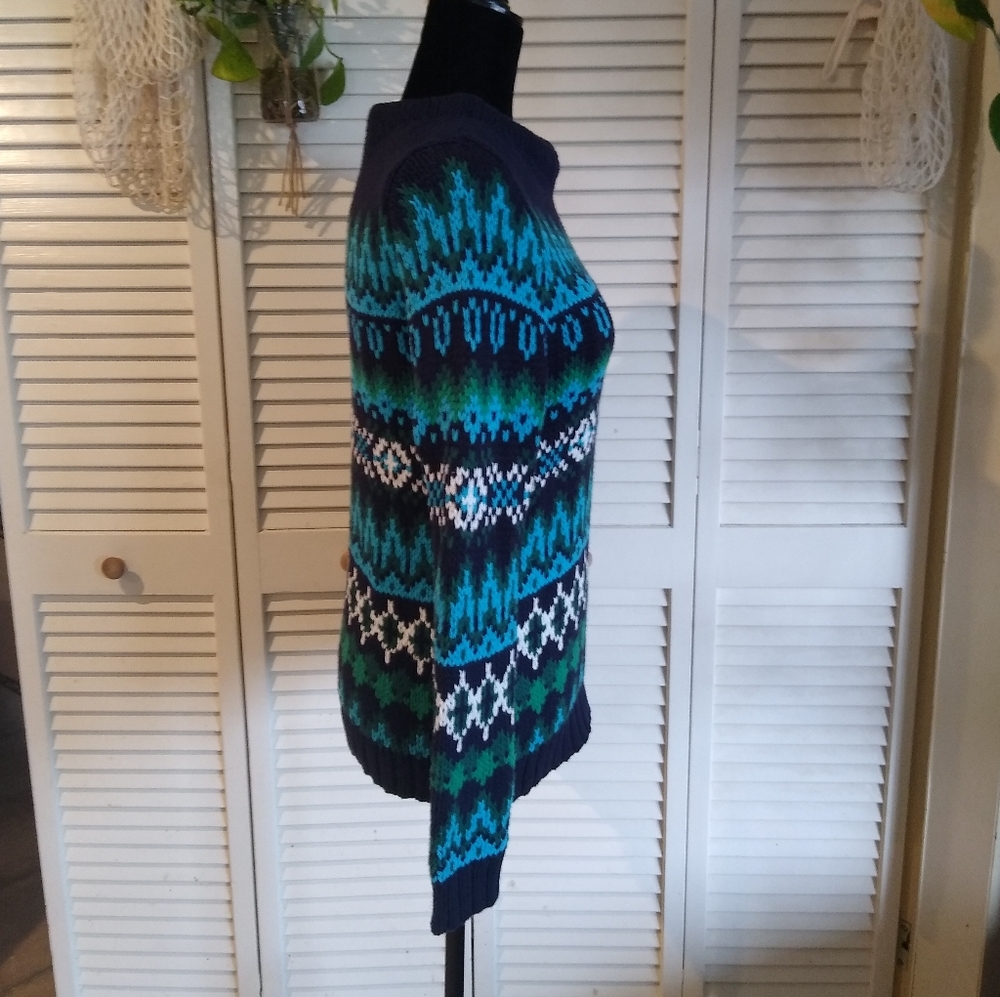 Talbots Petite Knit Sweater Navy Blue Green Patterned Cotton Blend Pullover. - Picture 5 of 7